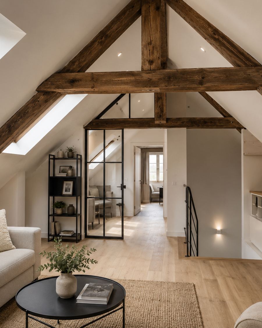 Combles aménagés avec charpente apparente, coin salon et rangements sur mesure