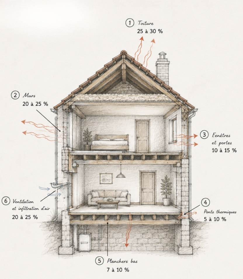 Coupe technique d'une maison avec les 6 zones et pourcentages de déperdition thermique