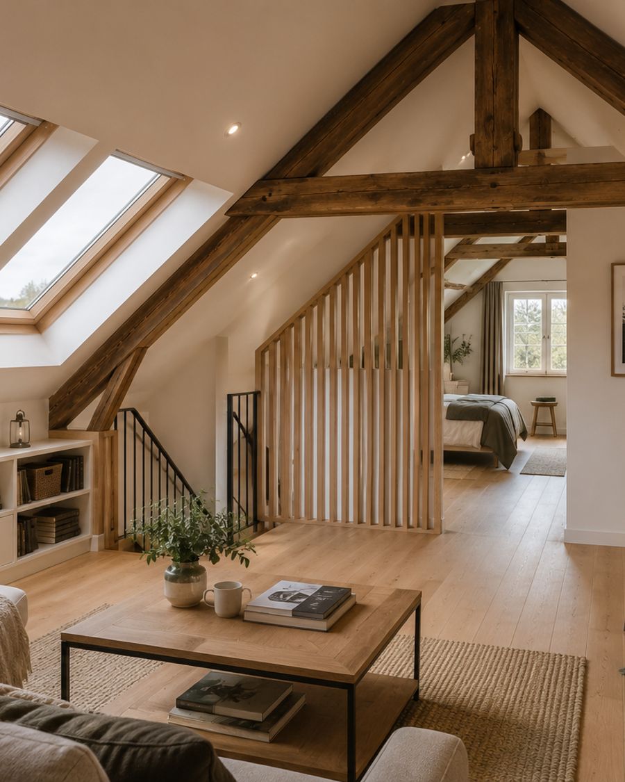 Combles aménagés avec charpente apparente, coin salon lumineux et rangements sur mesure