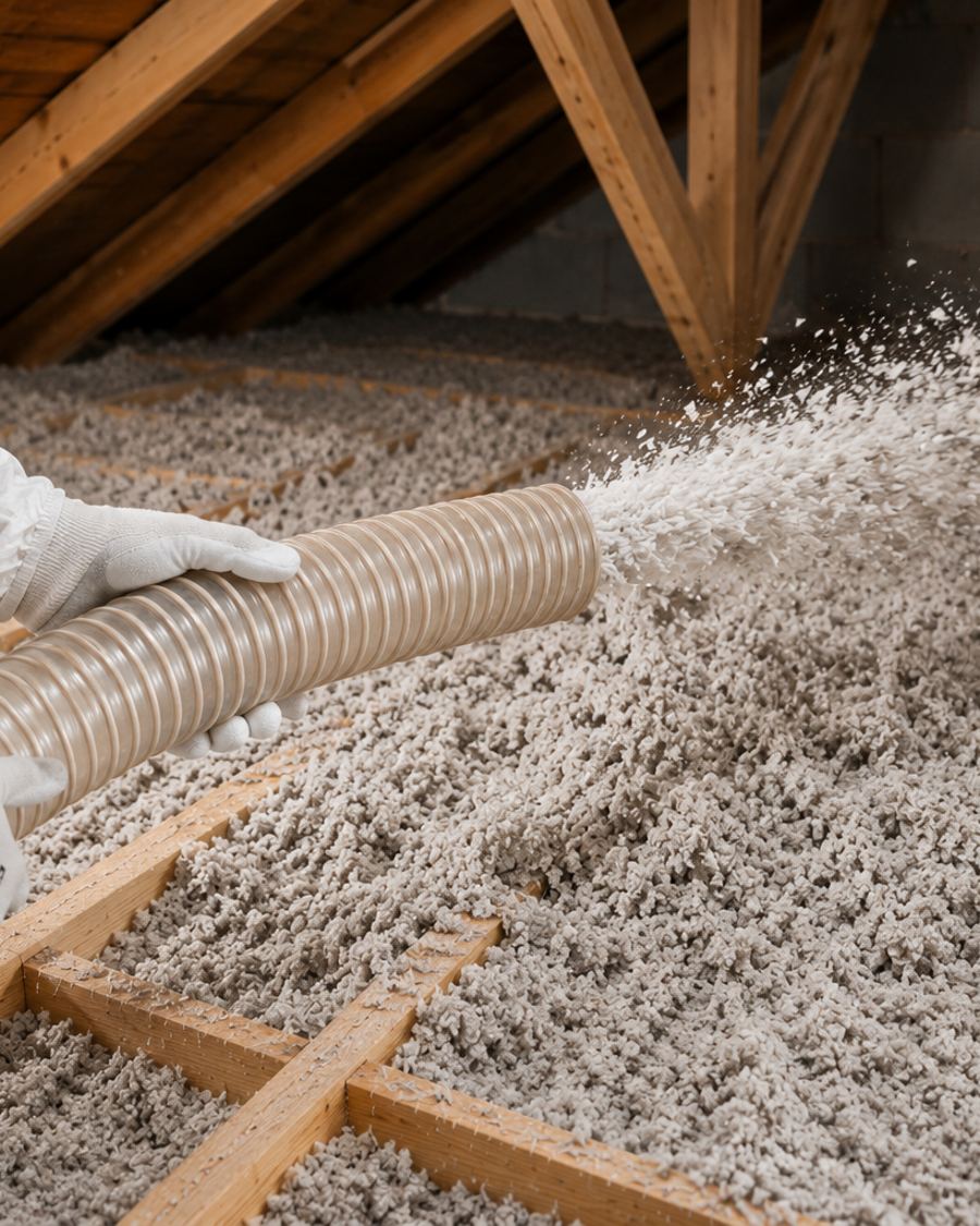 Technicien réalisant une isolation de combles perdus par soufflage de ouate de cellulose