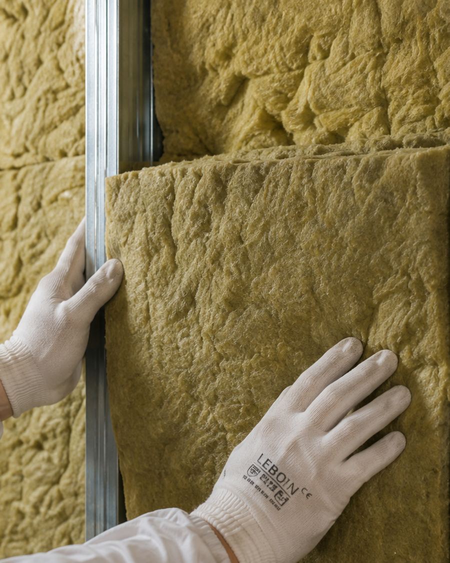 Mur intérieur en cours d'isolation avec panneaux de laine de roche entre montants métalliques