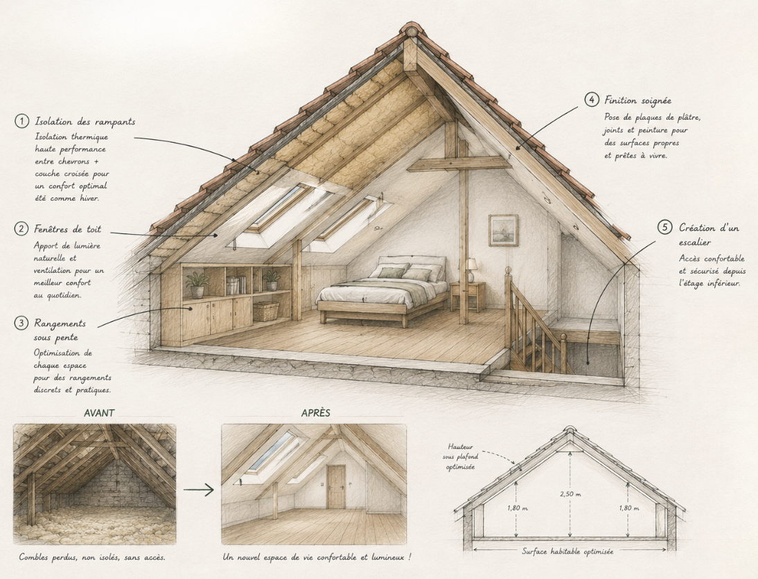 Schéma d'un aménagement de combles : isolation des rampants, fenêtres de toit, rangements sous pente, finitions et création d'un escalier