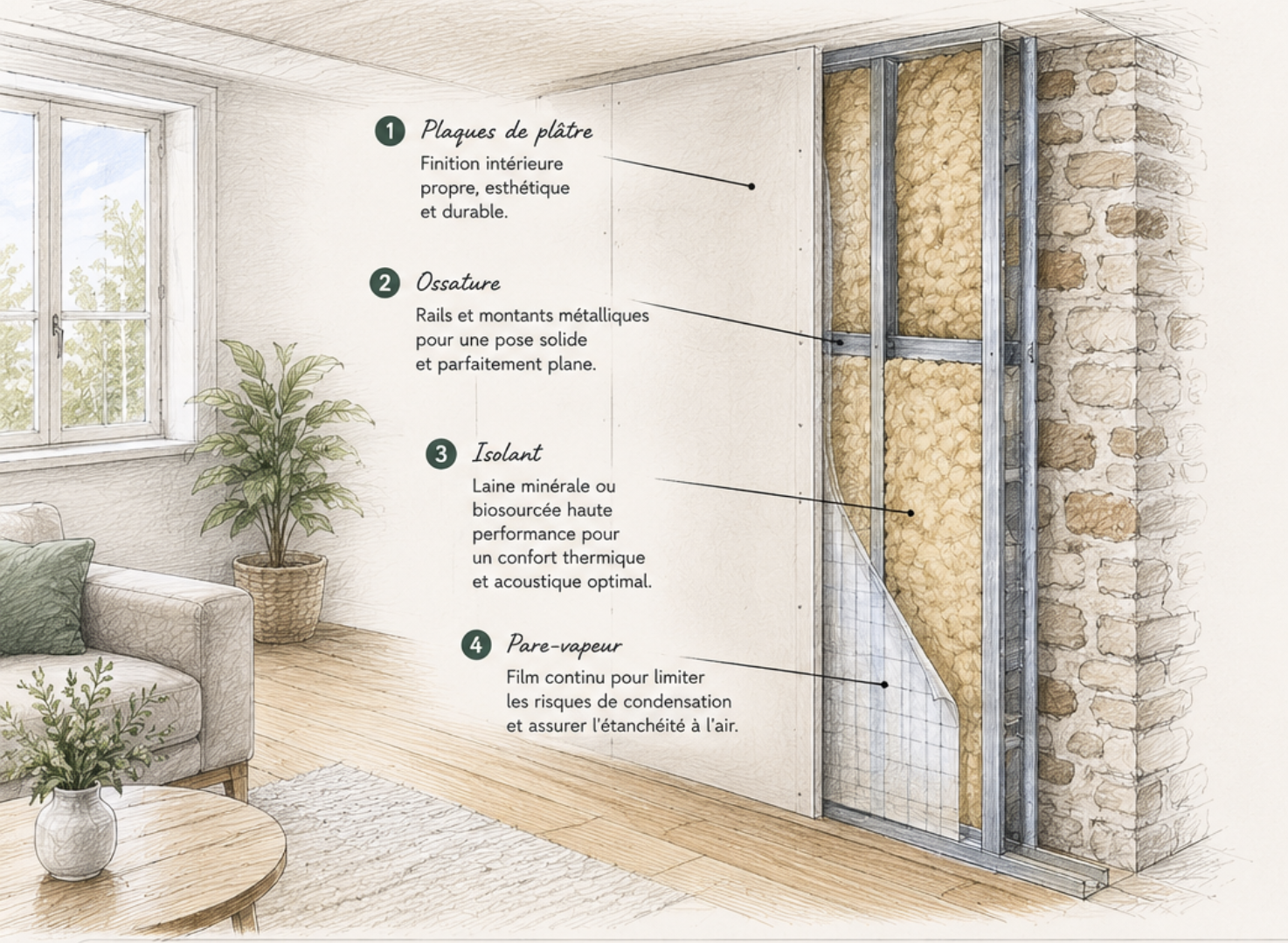 Schéma technique en coupe d'une isolation de mur par l'intérieur
