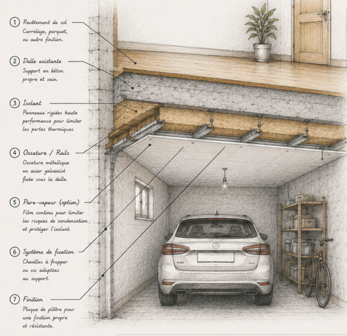 Schéma technique en coupe d'une isolation de plancher bas depuis un garage